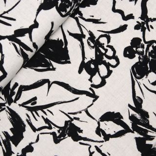 Viskose - Leinen - Boho - skizierte Blumen - natur - schwarz