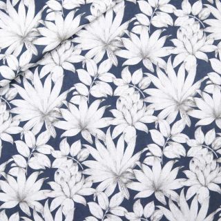 Dekostoff - Half Panama - weisse Blüten - blau