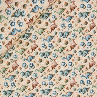 Baumwolljersey - 3D - niedliche Dinos - beige