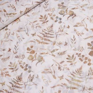 Patchwork - Baumwolle - handgebatikt - Blumen, Vögel - beige