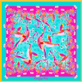 Viskose - Panel Pareo - Paradiesvögel - türkisblau - pink